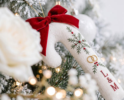 Personalized Candy Cane Ornament, Embroidered Christmas Wedding Ornament, Snowflake Ring Ornament, Custom Initials, Red Velvet Bow Xmas Gift