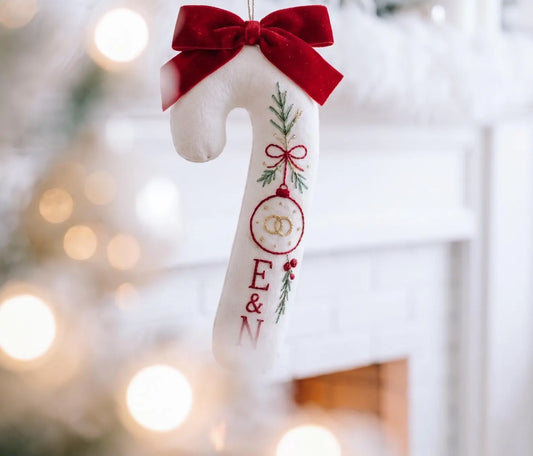 Personalized Candy Cane Ornament, Embroidered Christmas Wedding Ornament, Bauble Ring Ornament, Custom Couple Initials, Red Velvet Bow Decor