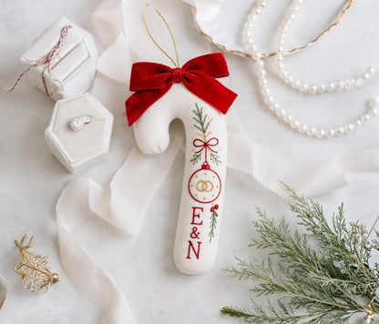 Personalized Candy Cane Ornament, Embroidered Christmas Wedding Ornament, Bauble Ring Ornament, Custom Couple Initials, Red Velvet Bow Decor