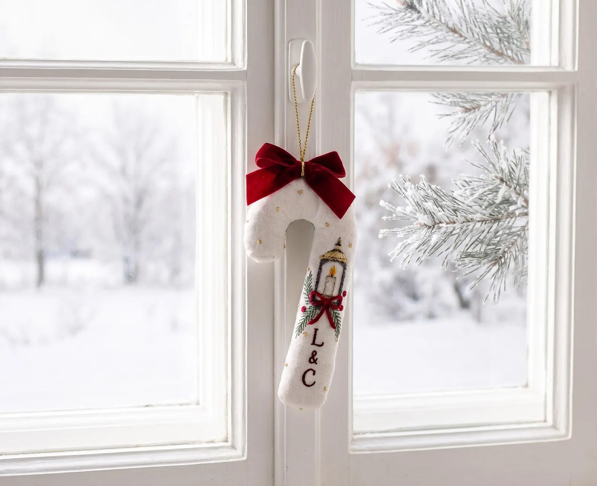 Personalized Candy Cane Ornament, Embroidered Christmas Wedding Ornament, Candle Lantern Ornament, Custom Couple Initials, Handmade Keepsake