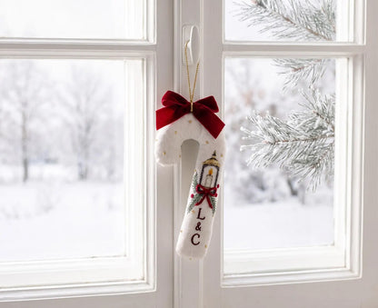Personalized Candy Cane Ornament, Embroidered Christmas Wedding Ornament, Candle Lantern Ornament, Custom Couple Initials, Handmade Keepsake