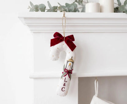 Personalized Candy Cane Ornament, Embroidered Christmas Wedding Ornament, Candle Lantern Ornament, Custom Couple Initials, Handmade Keepsake