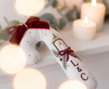Personalized Candy Cane Ornament, Embroidered Christmas Wedding Ornament, Candle Lantern Ornament, Custom Couple Initials, Handmade Keepsake