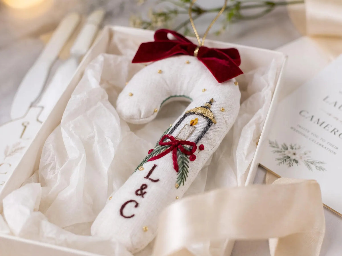 Personalized Candy Cane Ornament, Embroidered Christmas Wedding Ornament, Candle Lantern Ornament, Custom Couple Initials, Handmade Keepsake