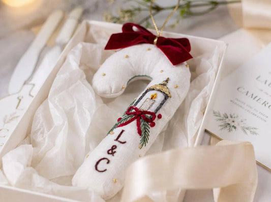 Personalized Candy Cane Ornament, Embroidered Christmas Wedding Ornament, Candle Lantern Ornament, Custom Couple Initials, Handmade Keepsake