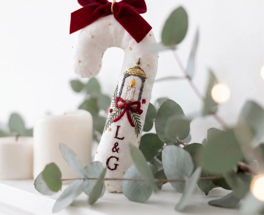 Personalized Candy Cane Ornament, Embroidered Christmas Wedding Ornament, Candle Lantern Ornament, Custom Couple Initials, Handmade Keepsake