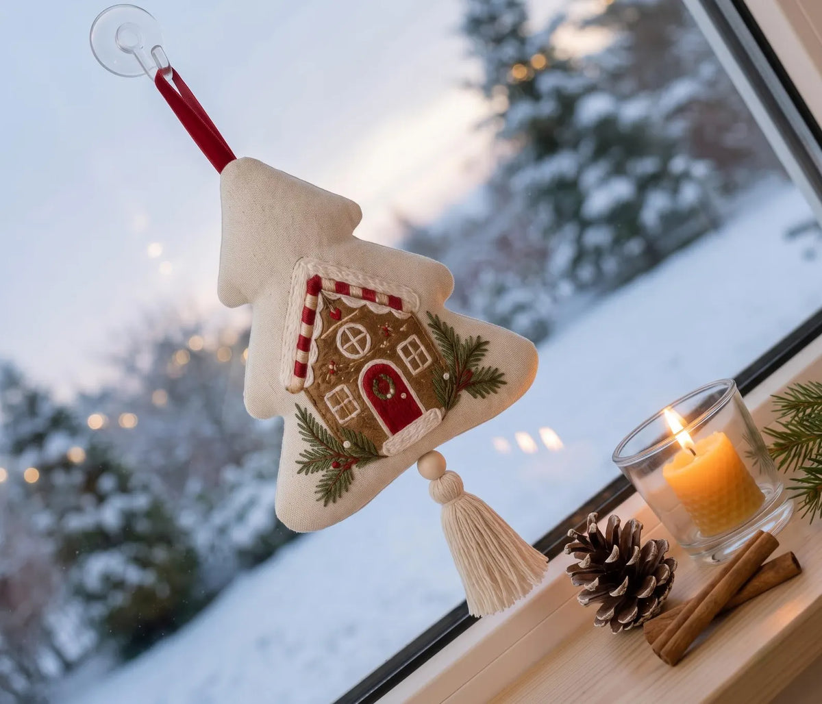 Embroidered Christmas Tree Ornament, Gingerbread House Linen Ornament, Rustic Holiday Decor, Neutral Christmas Keepsake, Handmade Home Gifts