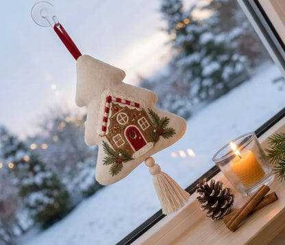 Embroidered Christmas Tree Ornament, Gingerbread House Linen Ornament, Rustic Holiday Decor, Neutral Christmas Keepsake, Handmade Home Gifts