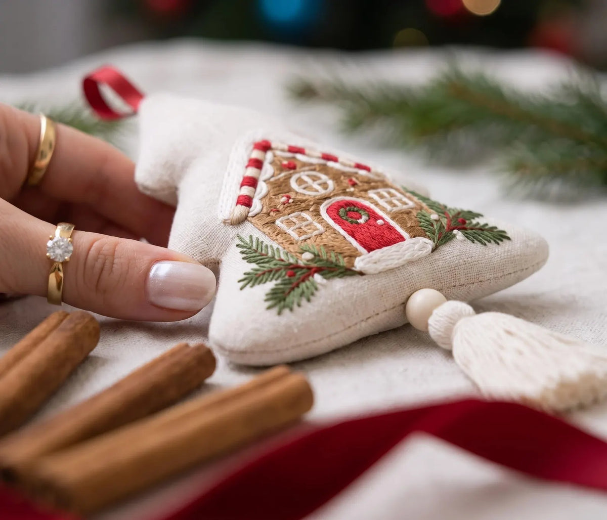 Embroidered Christmas Tree Ornament, Gingerbread House Linen Ornament, Rustic Holiday Decor, Neutral Christmas Keepsake, Handmade Home Gifts