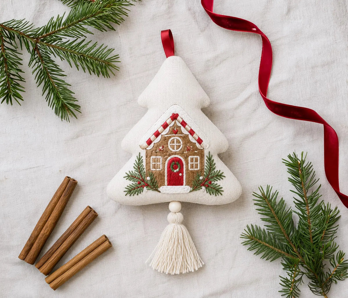 Embroidered Christmas Tree Ornament, Gingerbread House Linen Ornament, Rustic Holiday Decor, Neutral Christmas Keepsake, Handmade Home Gifts