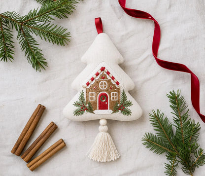 Embroidered Christmas Tree Ornament, Gingerbread House Linen Ornament, Rustic Holiday Decor, Neutral Christmas Keepsake, Handmade Home Gifts