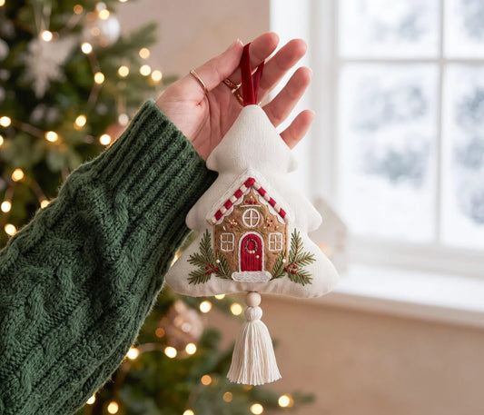 Embroidered Christmas Tree Ornament, Gingerbread House Linen Ornament, Rustic Holiday Decor, Neutral Christmas Keepsake, Handmade Home Gifts