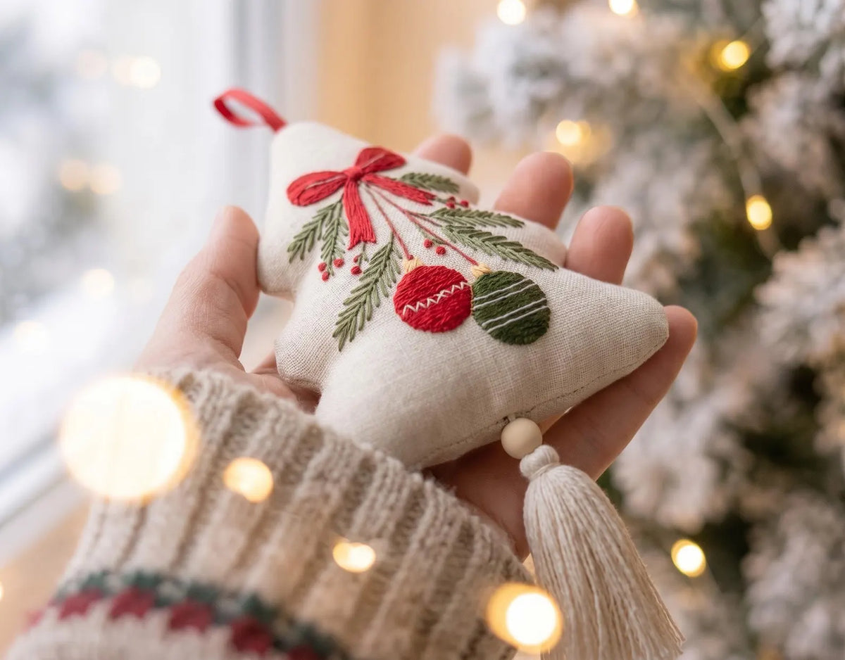 Embroidered Christmas Tree Ornament, Hanging Baubles Linen Ornament, Rustic Holiday Decor, Neutral Christmas Keepsake, Handmade Holiday Gift