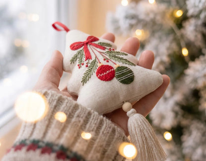 Embroidered Christmas Tree Ornament, Hanging Baubles Linen Ornament, Rustic Holiday Decor, Neutral Christmas Keepsake, Handmade Holiday Gift