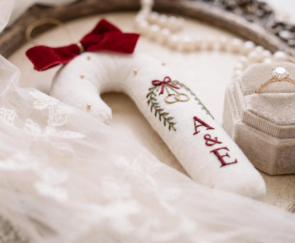 Personalized Candy Cane Ornament, Embroidered Christmas Wedding Ornament, Wedding Rings and Initials, Red Velvet Bow, Holiday Keepsake Gifts