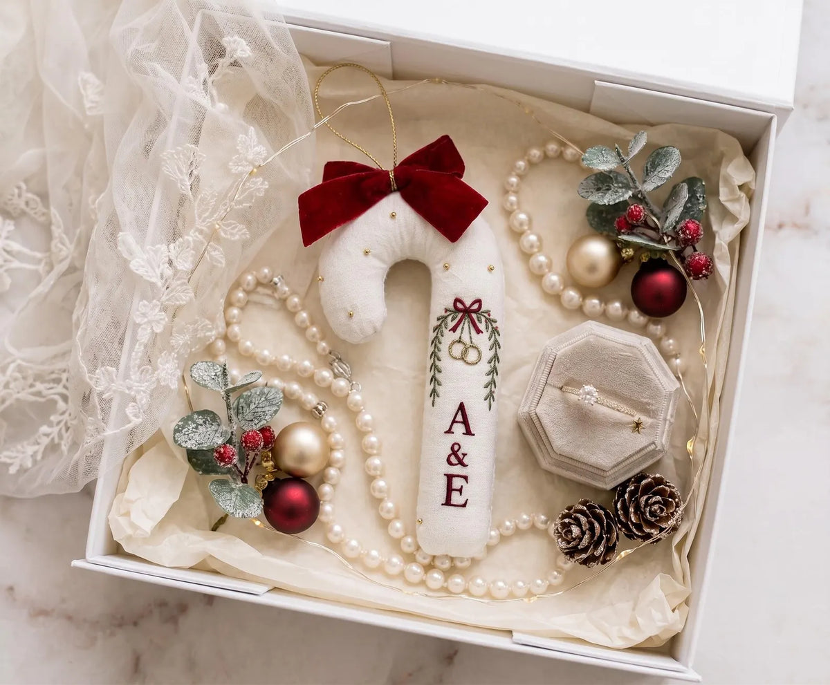 Personalized Candy Cane Ornament, Embroidered Christmas Wedding Ornament, Wedding Rings and Initials, Red Velvet Bow, Holiday Keepsake Gifts