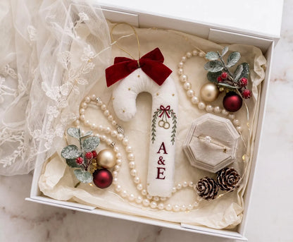 Personalized Candy Cane Ornament, Embroidered Christmas Wedding Ornament, Wedding Rings and Initials, Red Velvet Bow, Holiday Keepsake Gifts
