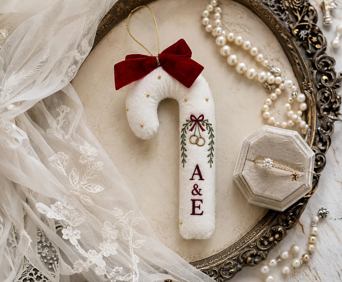 Personalized Candy Cane Ornament, Embroidered Christmas Wedding Ornament, Wedding Rings and Initials, Red Velvet Bow, Holiday Keepsake Gifts
