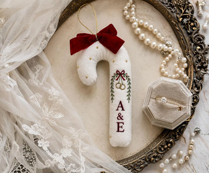 Personalized Candy Cane Ornament, Embroidered Christmas Wedding Ornament, Wedding Rings and Initials, Red Velvet Bow, Holiday Keepsake Gifts
