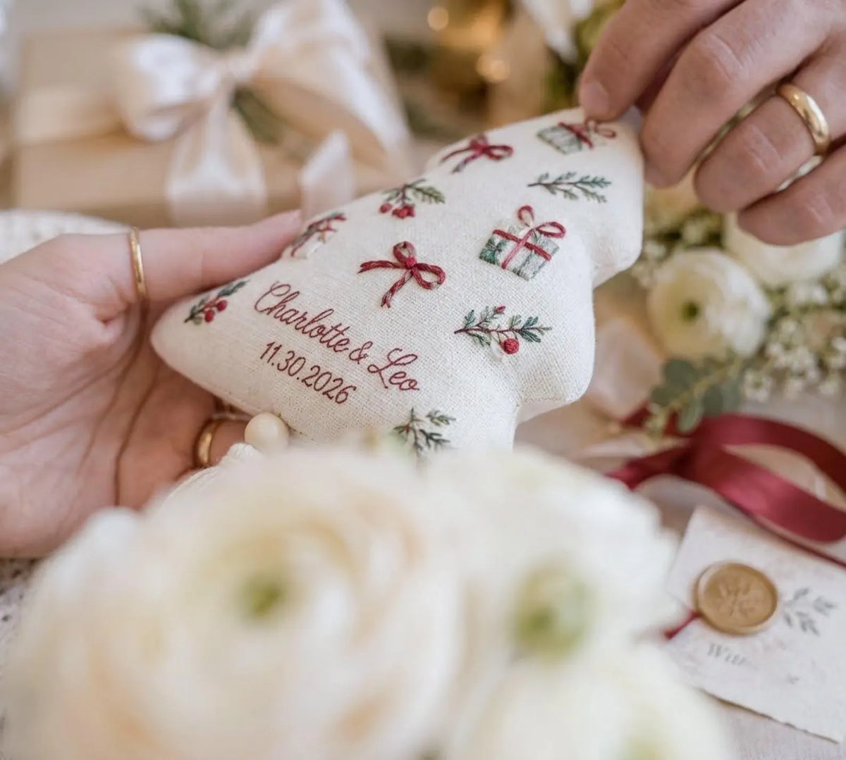 Personalized Christmas Tree Wedding Ornament, Hand Embroidered Gift Boxes Bows, Custom Names & Date, Newlywed Keepsake Gift Holiday Decor