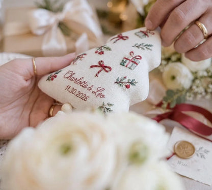 Personalized Christmas Tree Wedding Ornament, Hand Embroidered Gift Boxes Bows, Custom Names & Date, Newlywed Keepsake Gift Holiday Decor