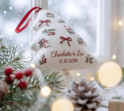 Personalized Christmas Tree Wedding Ornament, Hand Embroidered Gift Boxes Bows, Custom Names & Date, Newlywed Keepsake Gift Holiday Decor