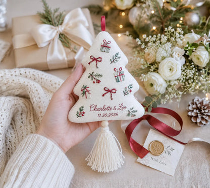 Personalized Christmas Tree Wedding Ornament, Hand Embroidered Gift Boxes Bows, Custom Names & Date, Newlywed Keepsake Gift Holiday Decor