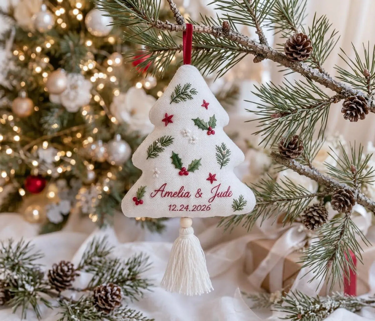 Personalized Christmas Ornament, Wedding Ornament, Hand Embroidered Holly & Pine, Custom Names Date, First Christmas Married Newlywed Gift