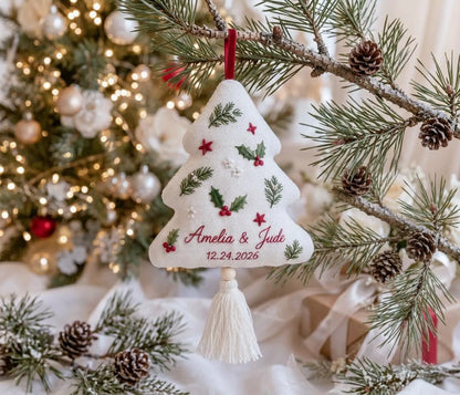 Personalized Christmas Ornament, Wedding Ornament, Hand Embroidered Holly & Pine, Custom Names Date, First Christmas Married Newlywed Gift
