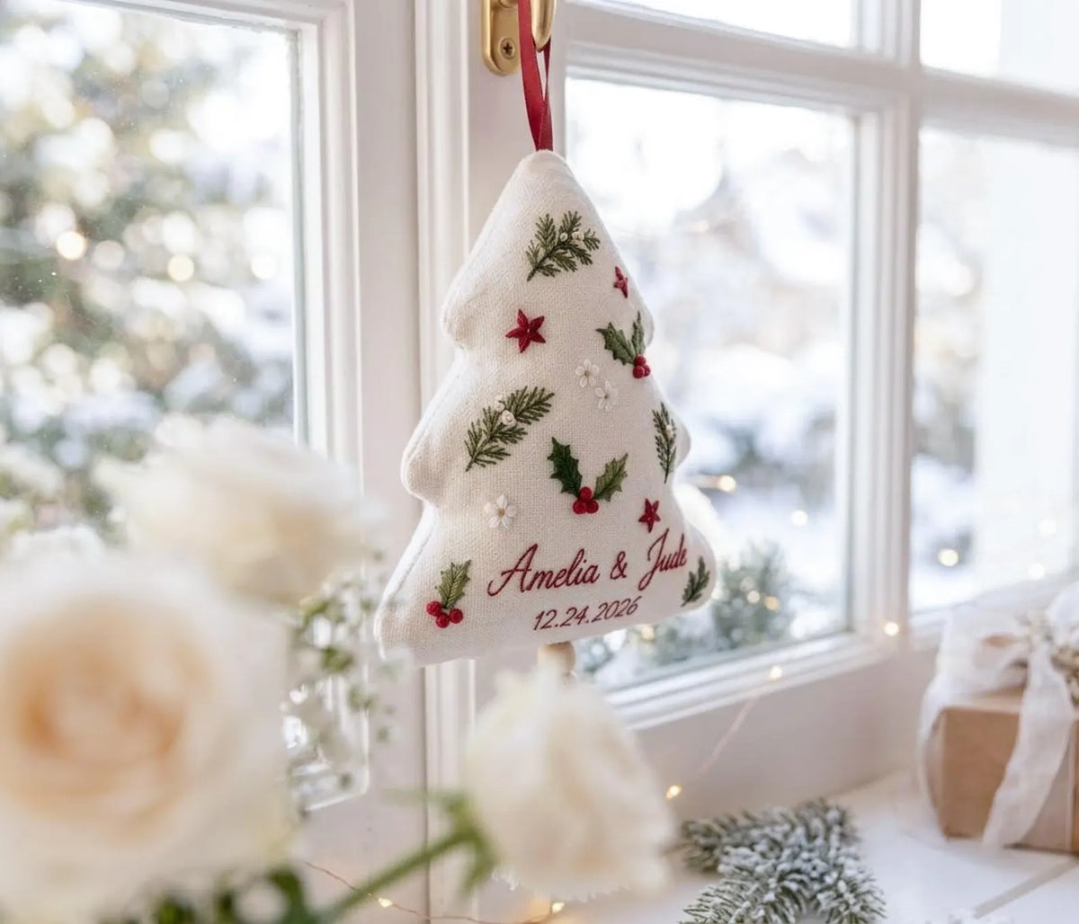 Personalized Christmas Ornament, Wedding Ornament, Hand Embroidered Holly & Pine, Custom Names Date, First Christmas Married Newlywed Gift