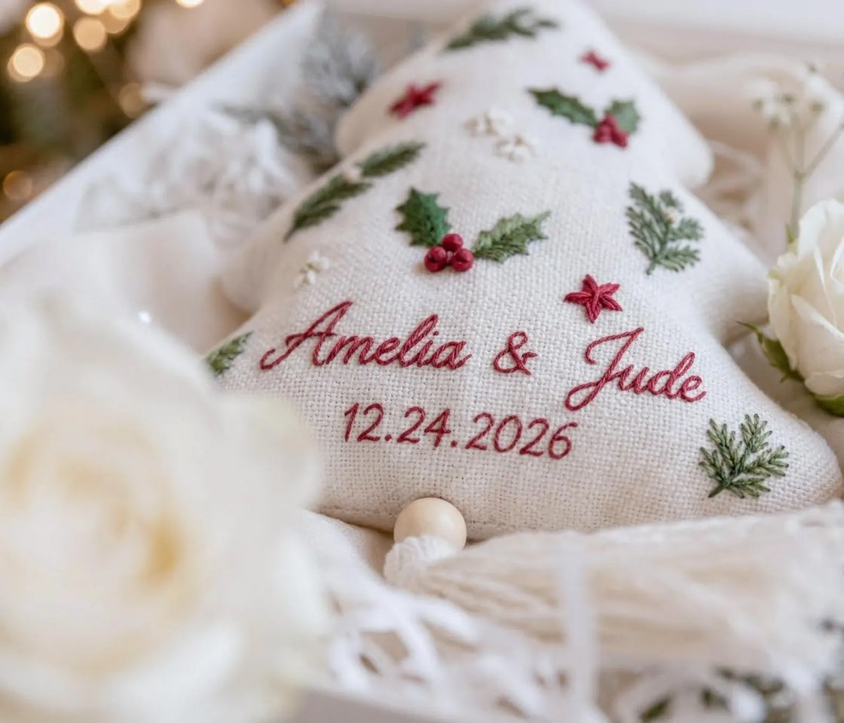 Personalized Christmas Ornament, Wedding Ornament, Hand Embroidered Holly & Pine, Custom Names Date, First Christmas Married Newlywed Gift