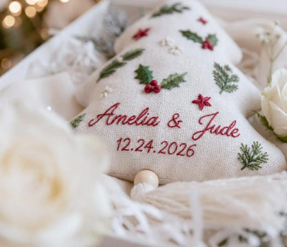 Personalized Christmas Ornament, Wedding Ornament, Hand Embroidered Holly & Pine, Custom Names Date, First Christmas Married Newlywed Gift