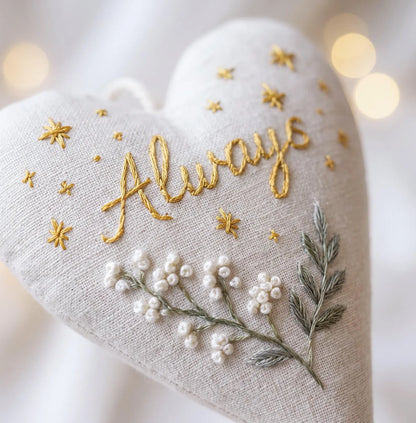 Personalized Wedding Heart Ornament – Hand Embroidered Linen Keepsake with Names & Date – Custom Wedding Christmas Gift Decoration