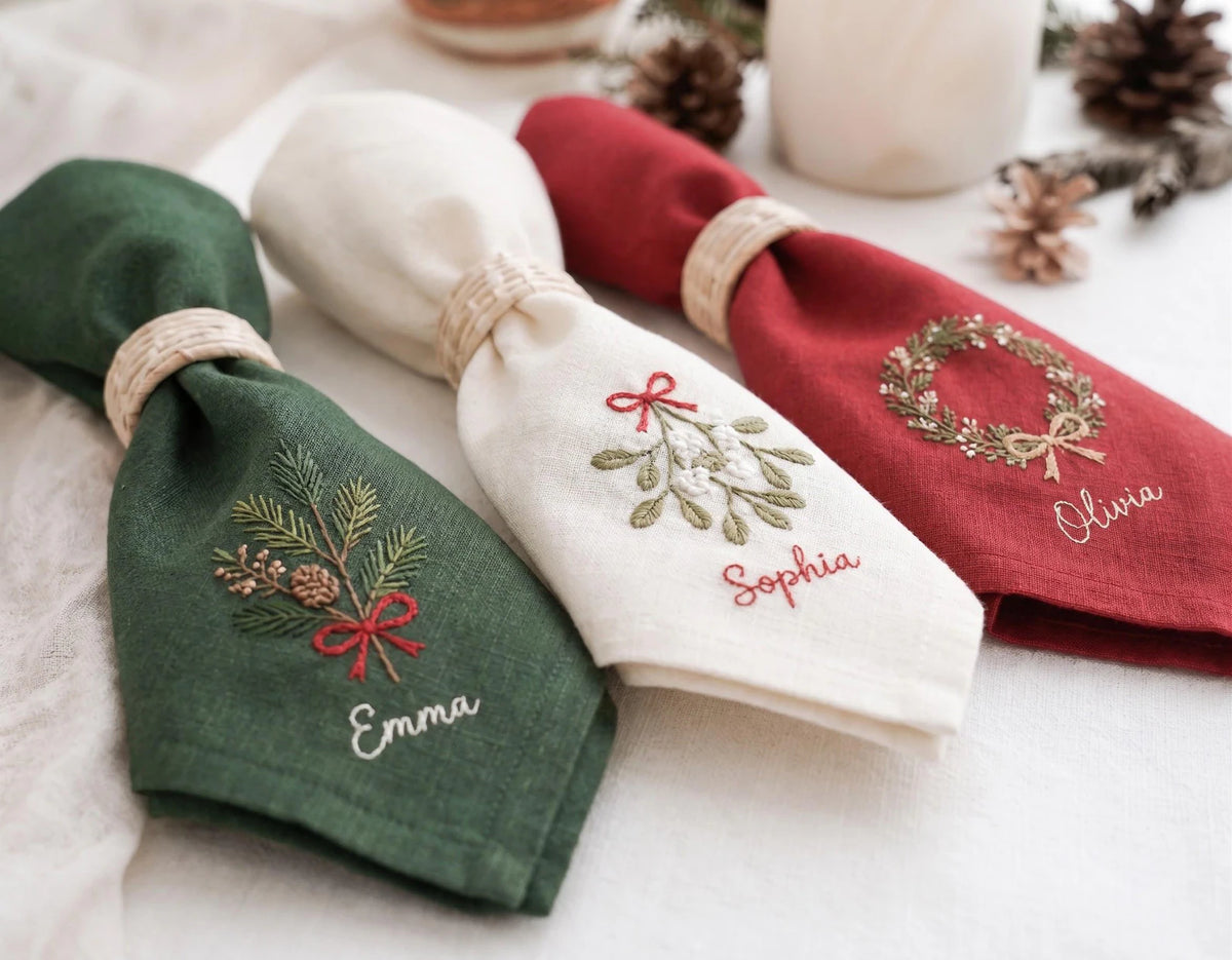 Personalized Christmas Linen Napkin Set of 3, Hand Embroidered Pine, Mistletoe & Wreath, Custom Name, Christmas Table Decor, Holiday Gift