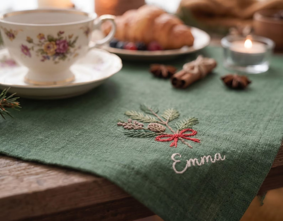 Personalized Christmas Linen Napkin Set of 3, Hand Embroidered Pine, Mistletoe & Wreath, Custom Name, Christmas Table Decor, Holiday Gift