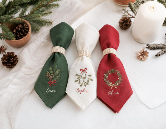 Personalized Christmas Linen Napkin Set of 3, Hand Embroidered Pine, Mistletoe & Wreath, Custom Name, Christmas Table Decor, Holiday Gift