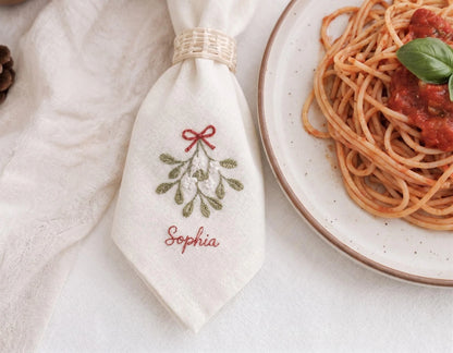Personalized Christmas Linen Napkin Set of 3, Hand Embroidered Pine, Mistletoe & Wreath, Custom Name, Christmas Table Decor, Holiday Gift