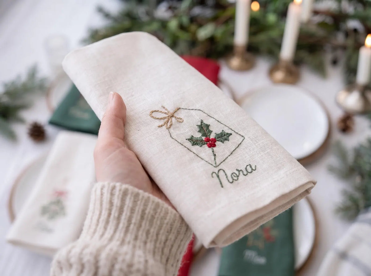 Personalized Christmas Linen Napkin Set of 6, Hand Embroidered Holiday Napkins, Custom Names, Christmas Table Decor, Host Gift