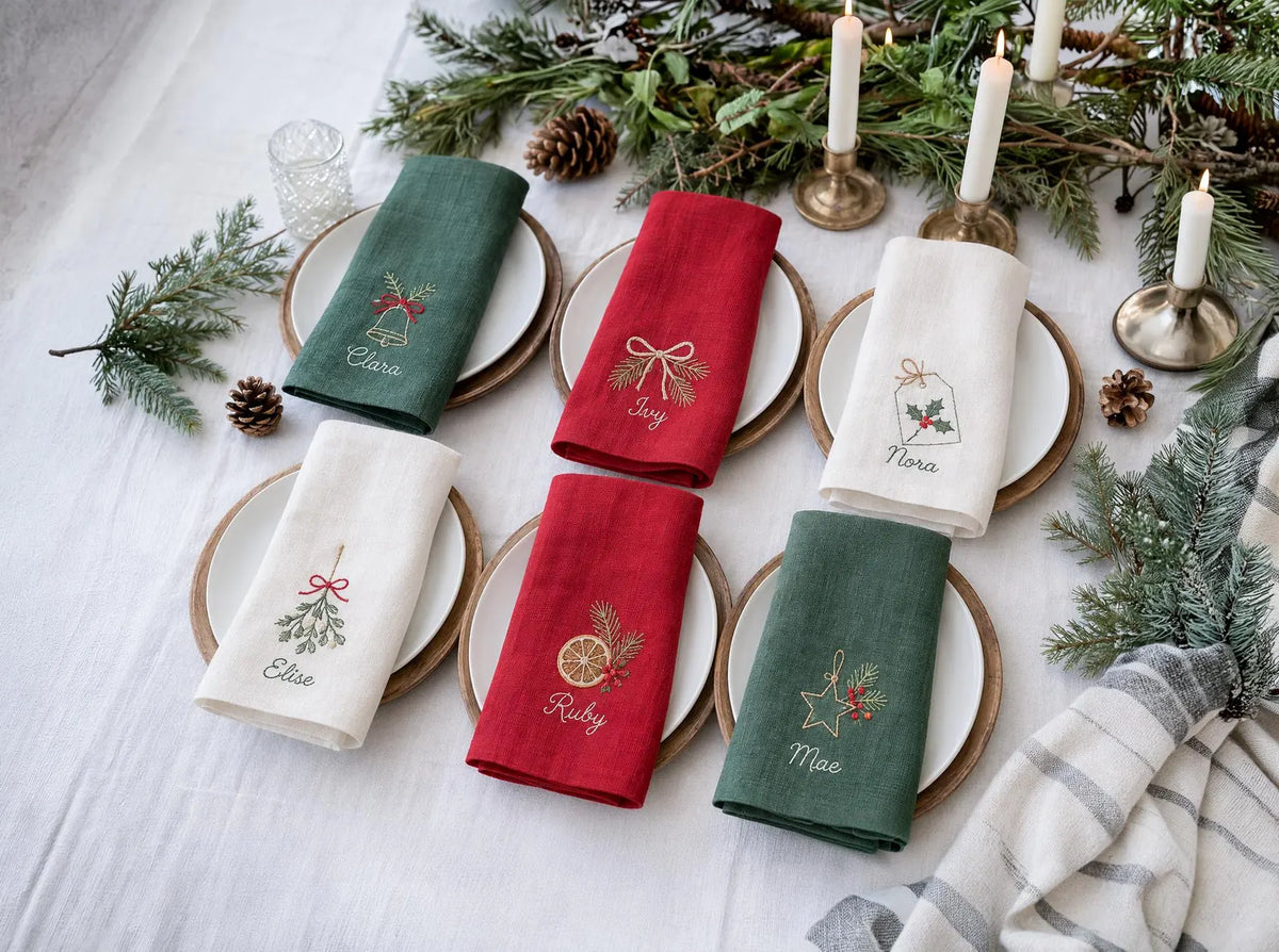 Personalized Christmas Linen Napkin Set of 6, Hand Embroidered Holiday Napkins, Custom Names, Christmas Table Decor, Host Gift