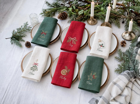 Personalized Christmas Linen Napkin Set of 6, Hand Embroidered Holiday Napkins, Custom Names, Christmas Table Decor, Host Gift