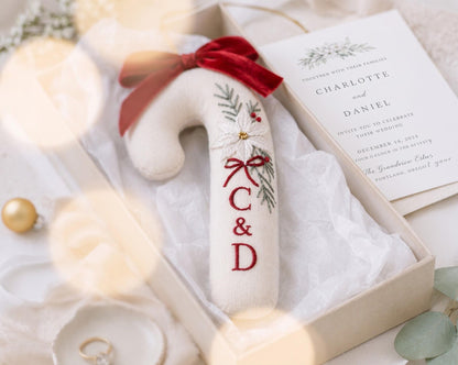 Personalized Candy Cane Ornament, Embroidered Christmas Wedding Ornament, Poinsettia Couple Initials, Red Velvet Bow, Christmas Wedding Gift