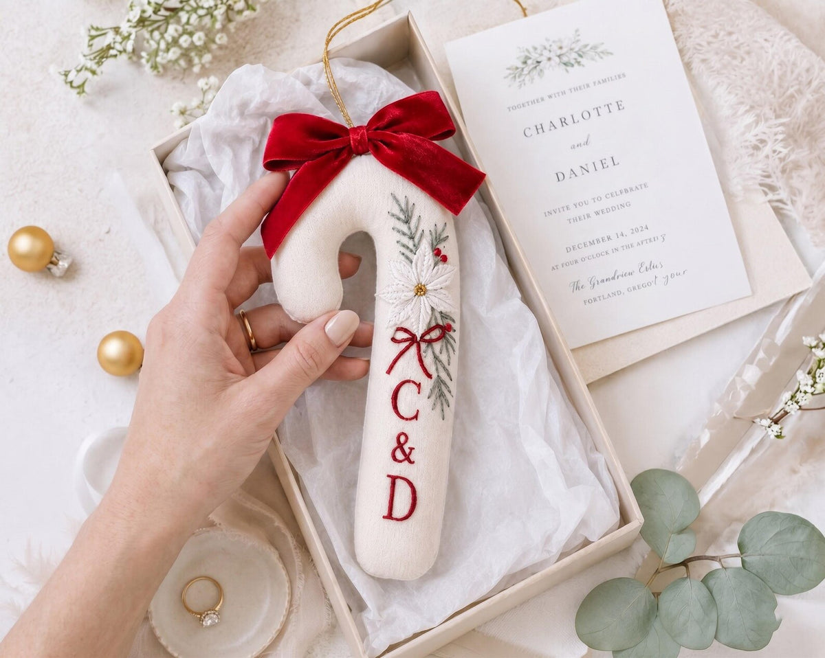 Personalized Candy Cane Ornament, Embroidered Christmas Wedding Ornament, Poinsettia Couple Initials, Red Velvet Bow, Christmas Wedding Gift