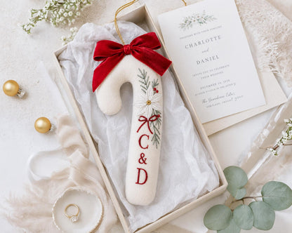Personalized Candy Cane Ornament, Embroidered Christmas Wedding Ornament, Poinsettia Couple Initials, Red Velvet Bow, Christmas Wedding Gift