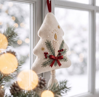 Hand Embroidered Christmas Tree Ornament, Candle & Pine Branches with Red Bow, Linen Tassel, Farmhouse Christmas Decor, Holiday Gift for Her