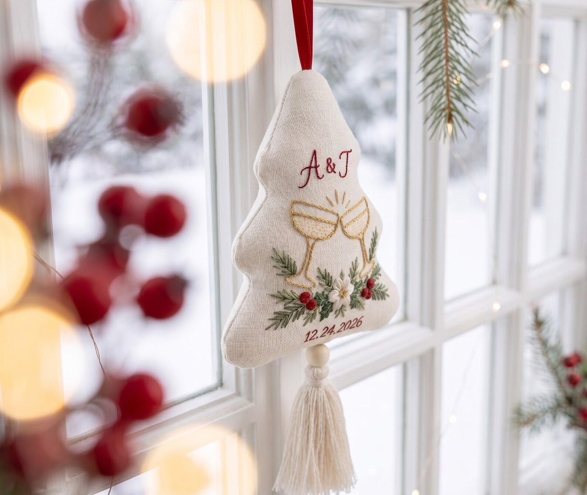 Personalized Christmas Tree Wedding Ornament, Hand Embroidered Champagne Glasses, Pine & Berries, Custom Initials Date, Newlywed Gift