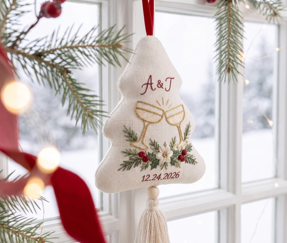 Personalized Christmas Tree Wedding Ornament, Hand Embroidered Champagne Glasses, Pine & Berries, Custom Initials Date, Newlywed Gift