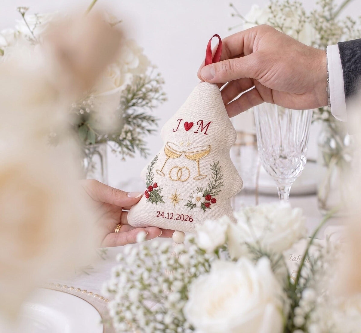 Personalized Christmas Wedding Ornament, Hand Embroidered Champagne Glasses & Rings, Holly, Custom Initials Date, Newlywed Gift