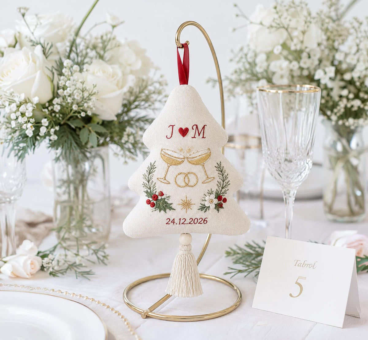 Personalized Christmas Wedding Ornament, Hand Embroidered Champagne Glasses & Rings, Holly, Custom Initials Date, Newlywed Gift