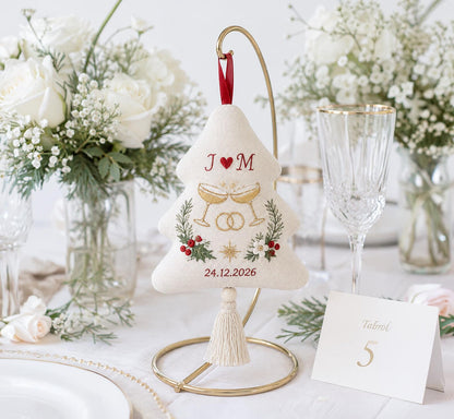 Personalized Christmas Wedding Ornament, Hand Embroidered Champagne Glasses & Rings, Holly, Custom Initials Date, Newlywed Gift