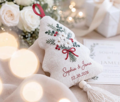 Personalized Christmas Tree Ornament, White Flowers Embroidered Wedding Ornament, Custom Couple Names & Date, Red Bow Holiday Keepsake Gifts